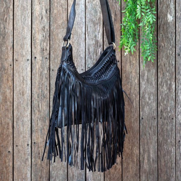 Vintage BREE Black Leather Fringe Tassel Shoulder Tote Bag - Shop Folklore  Handbags & Totes - Pinkoi